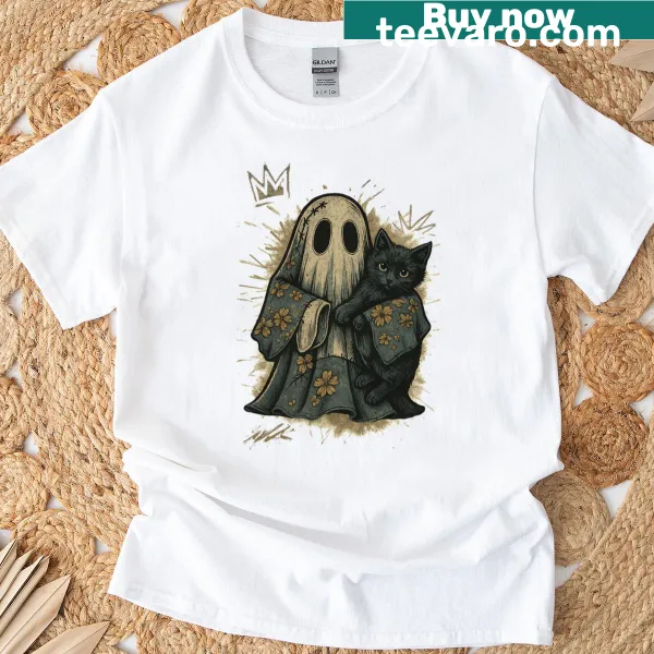 Cute ghost with black cat vintage Halloween T-shirt