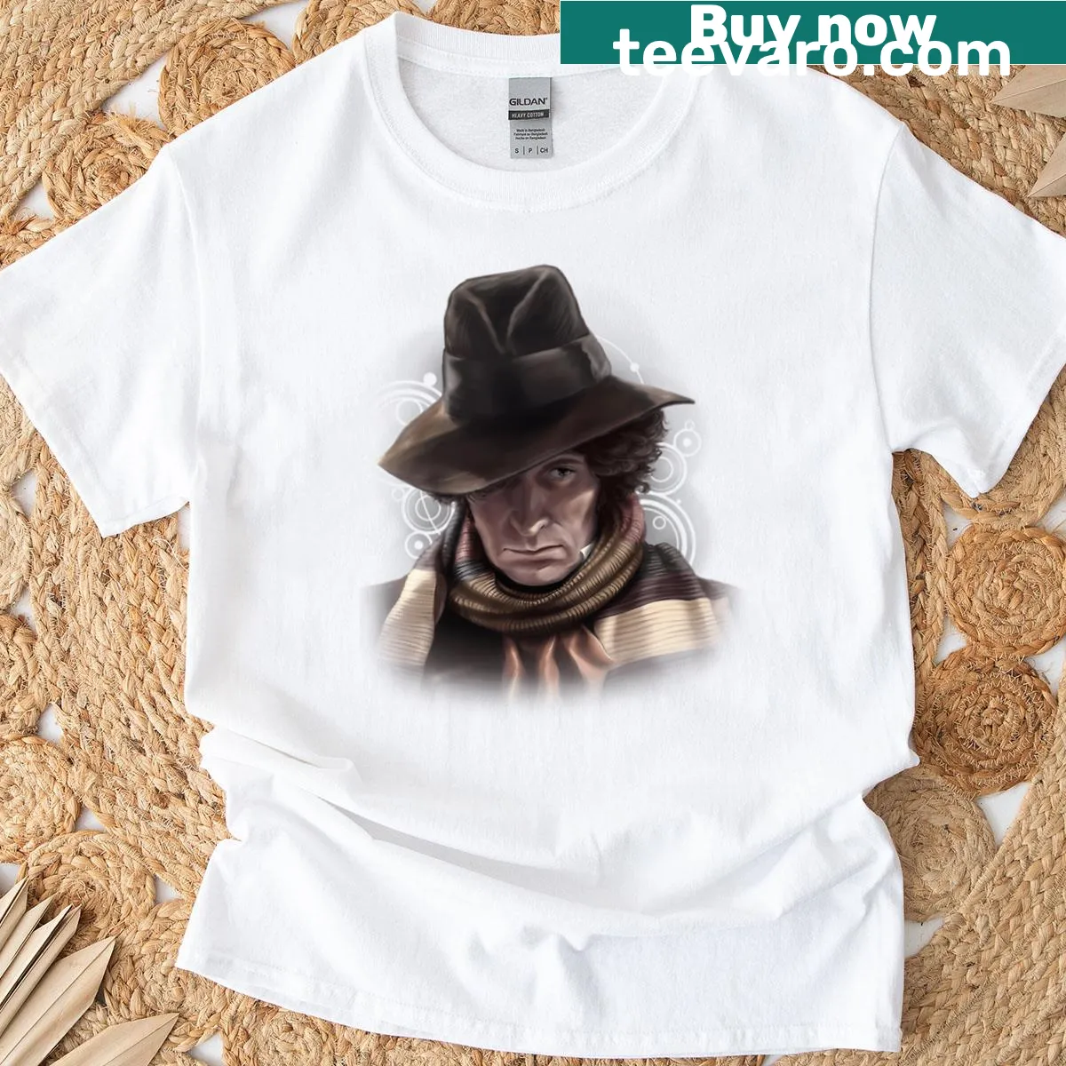 Illustrated T-shirt featuring Fourth Doctor Tom Baker — on a men's t-shirt
