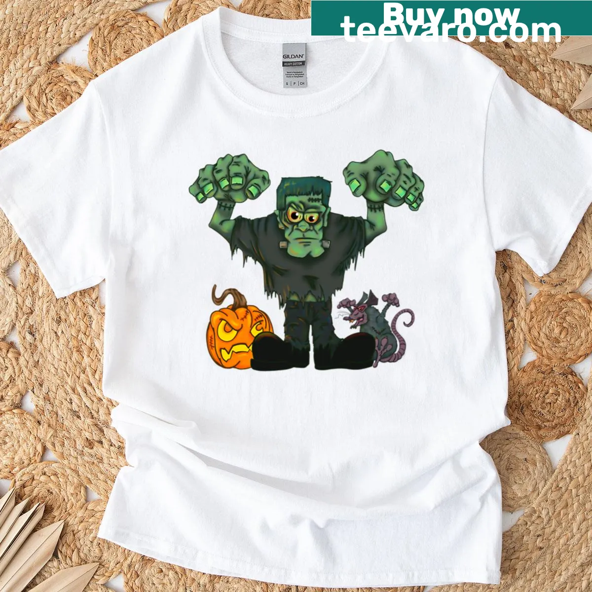 Illustrative graphic of Frankenstein in a humorous style — on a men's t-shirt