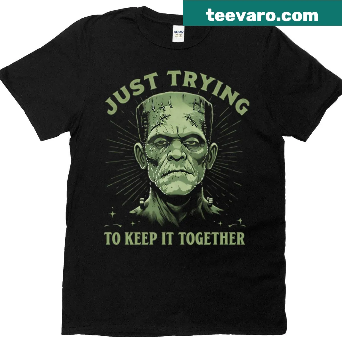 Cartoon Frankenstein t-shirt with humorous text — on a men's t-shirt