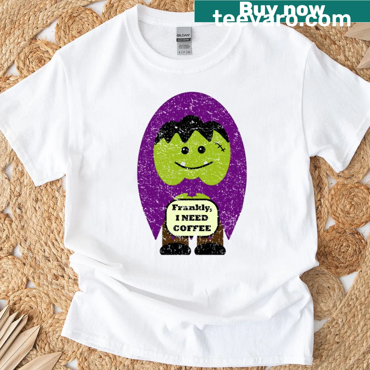 Cute monster graphic with 'Frankly I Need Coffee' text — on a men's t-shirt
