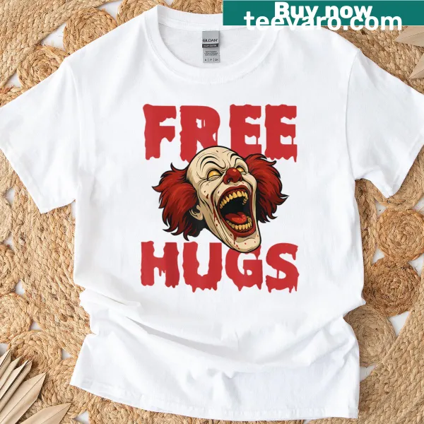 Spooky clown Halloween shirt with 'Free Hugs' text