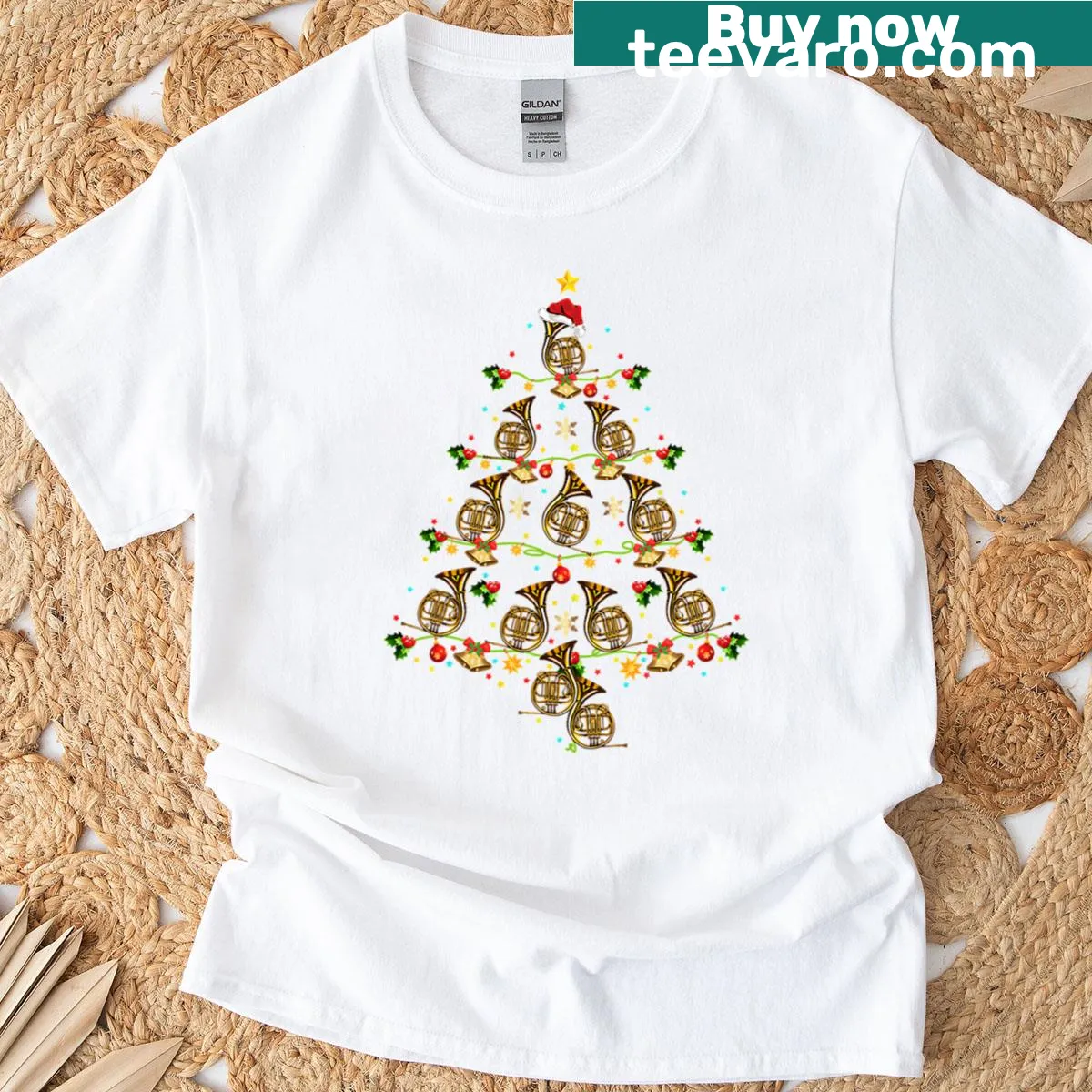 Christmas tree design made of French horns for music lovers — on a men's t-shirt