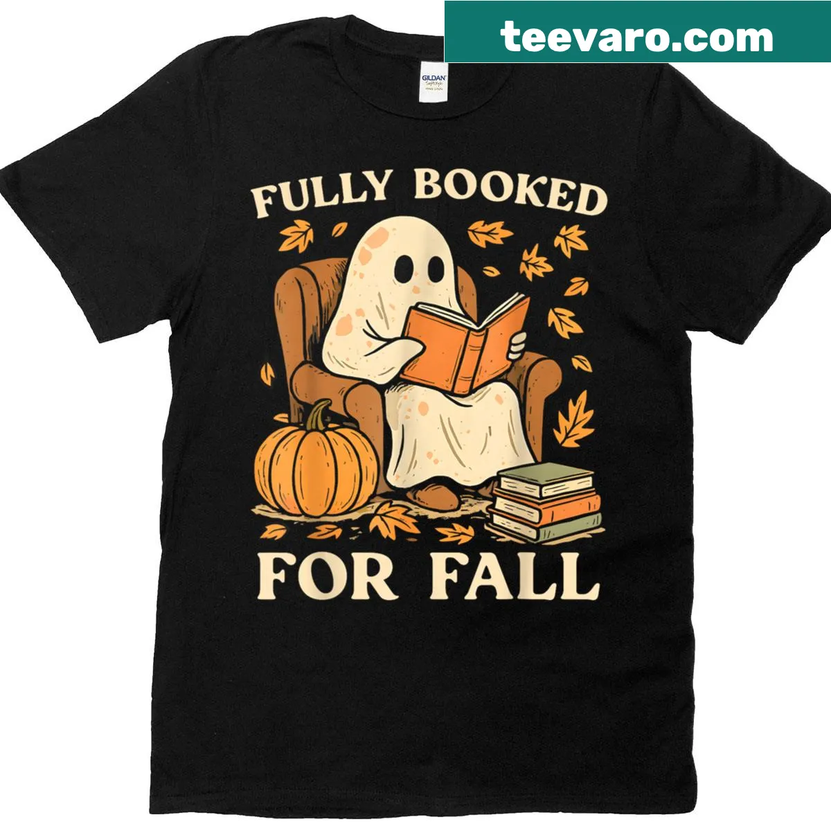 Autumn-themed shirt with 'Fully Booked For Fall' text and pumpkins — on a men's t-shirt