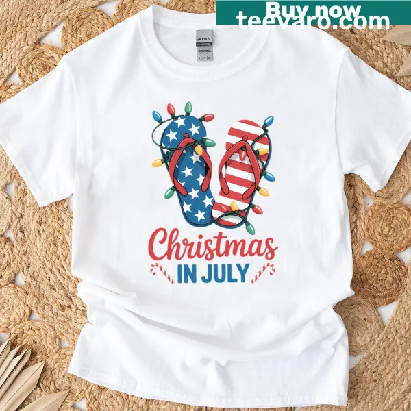 Illustration of American flag flip flops with Christmas lights