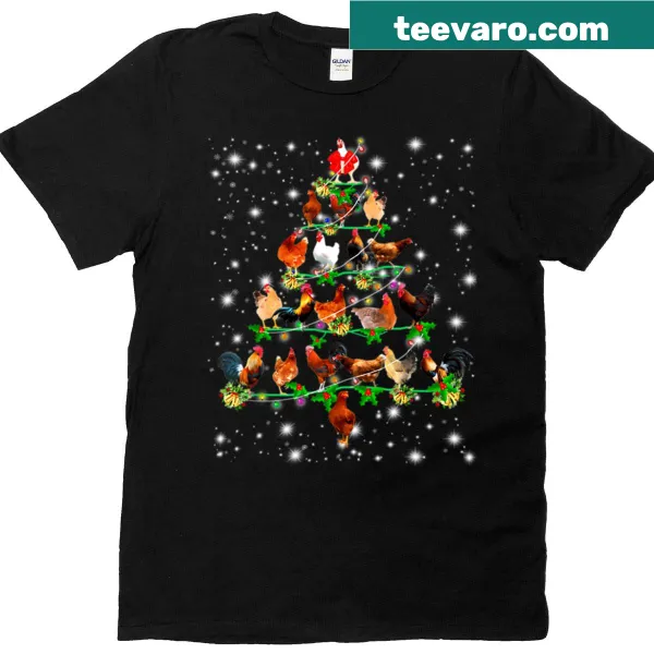 Cartoon chickens decorating a Christmas tree on a humorous T-shirt