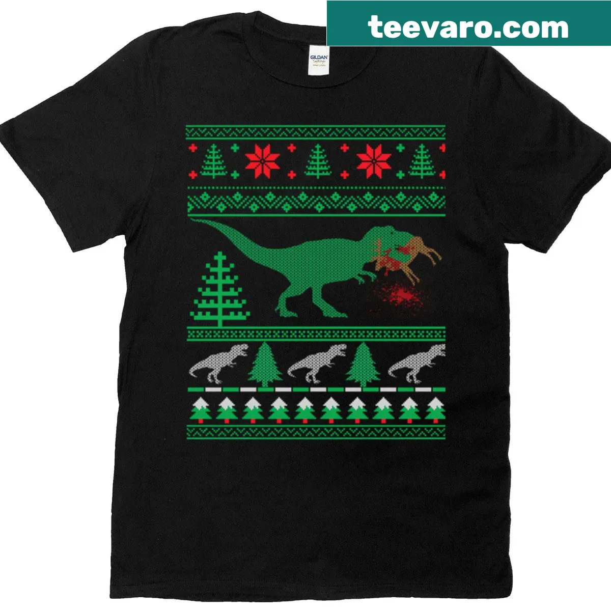 Funny Christmas t-shirt featuring cartoon T-rex eating reindeer — on a men's t-shirt
