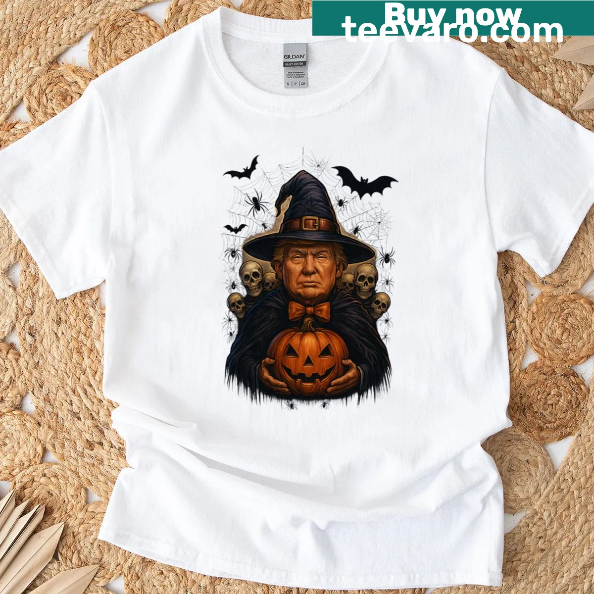 Cartoon witch design on an oversized Halloween t-shirt — on a men's t-shirt