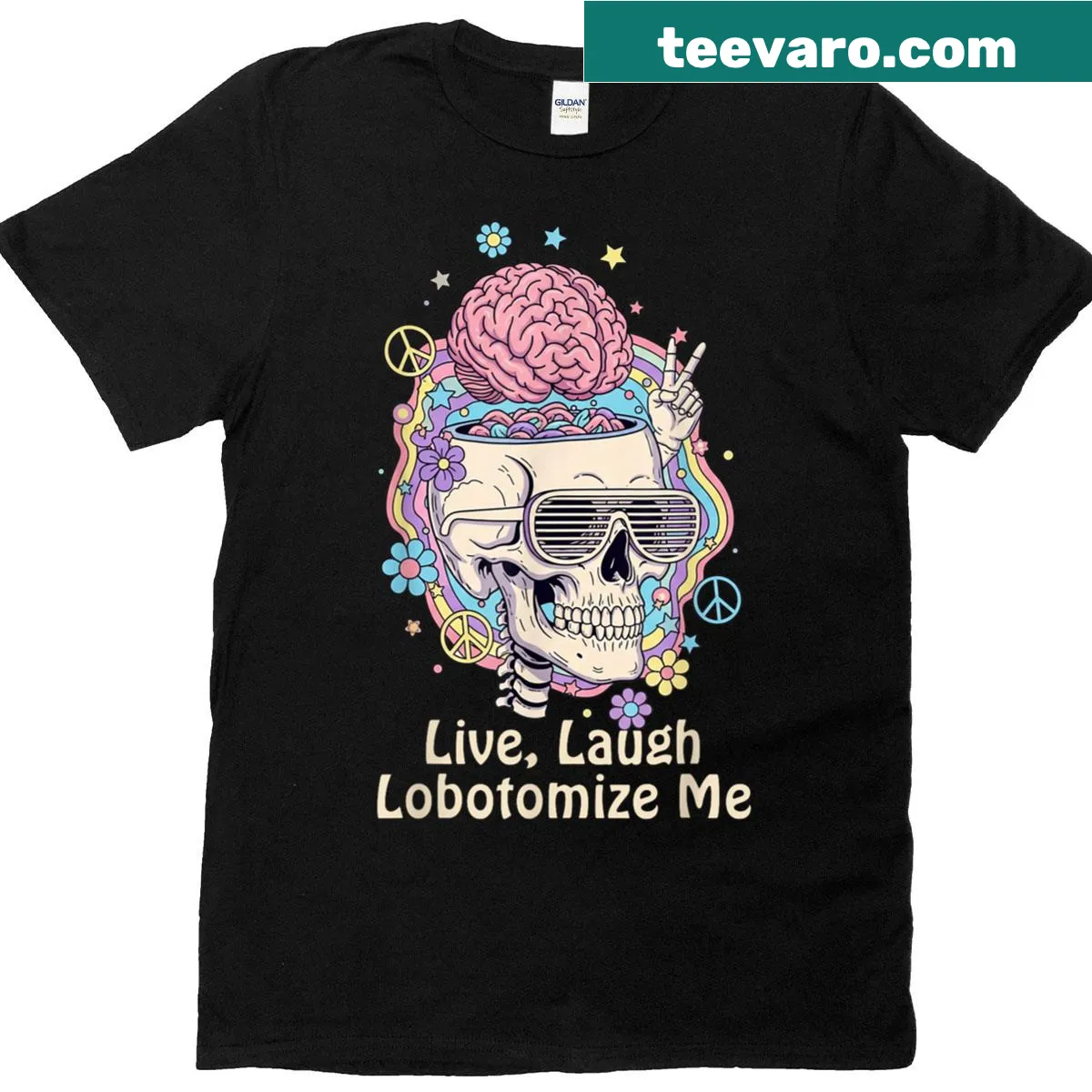 Retro T-shirt featuring a funny skeleton meme with the phrase 'Live Laugh Lobotomize Me' — on a men's t-shirt