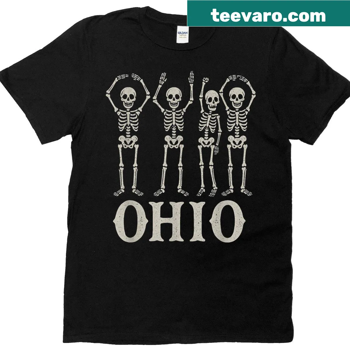 Vintage skeleton t-shirt with O-h-i-o State Halloween design — on a men's t-shirt