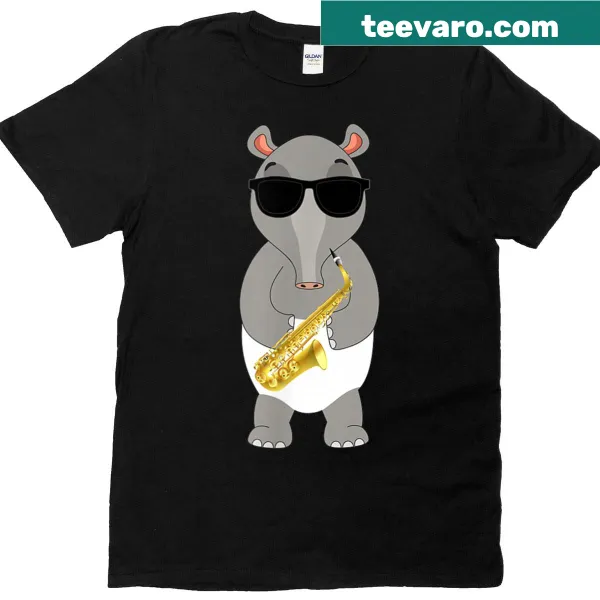Cartoon tapir wearing sunglasses and playing saxophone
