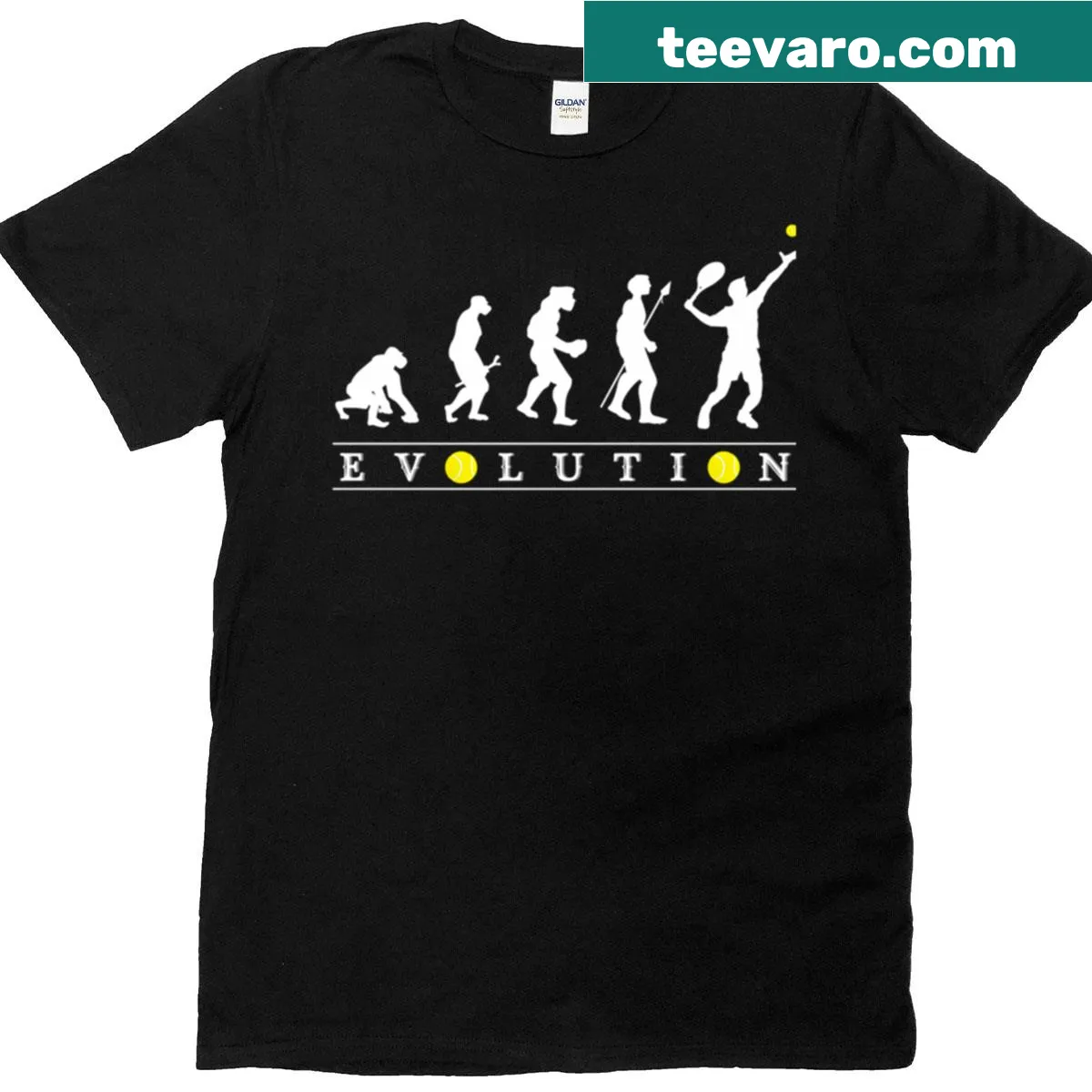 Funny t-shirt illustrating the evolution of tennis players. — on a men's t-shirt