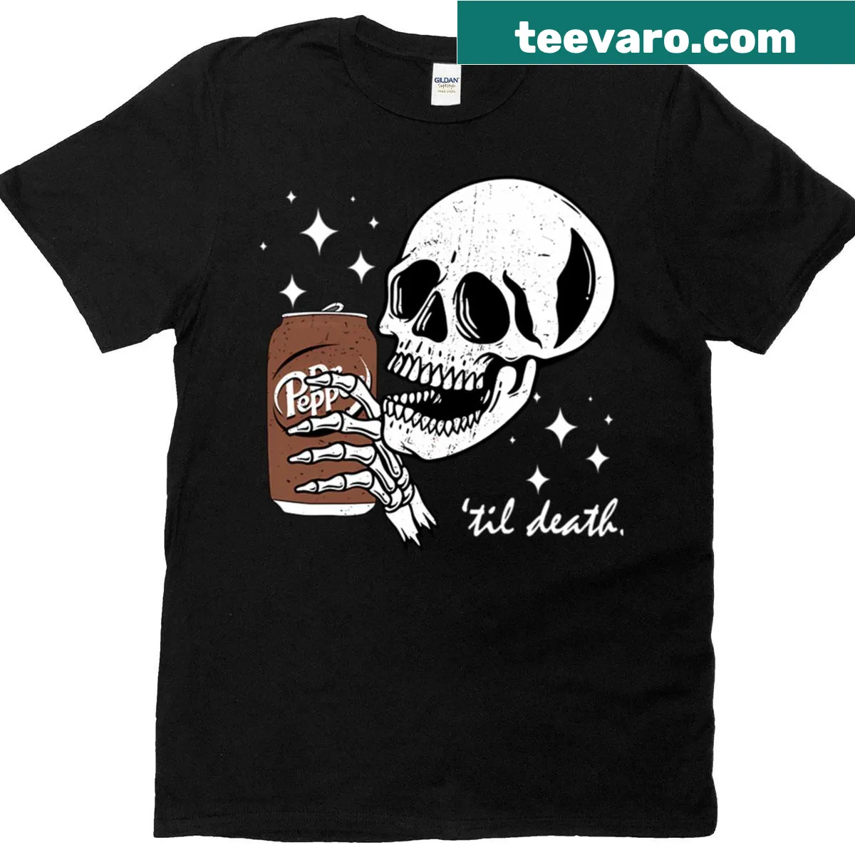 Skeleton holding Dr Pepper on a humorous holiday T-shirt — on a men's t-shirt