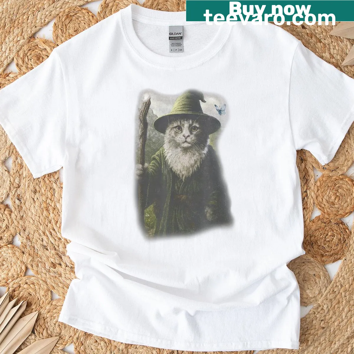 Cartoon kitten wizard ghost cat Halloween T-shirt — on a men's t-shirt
