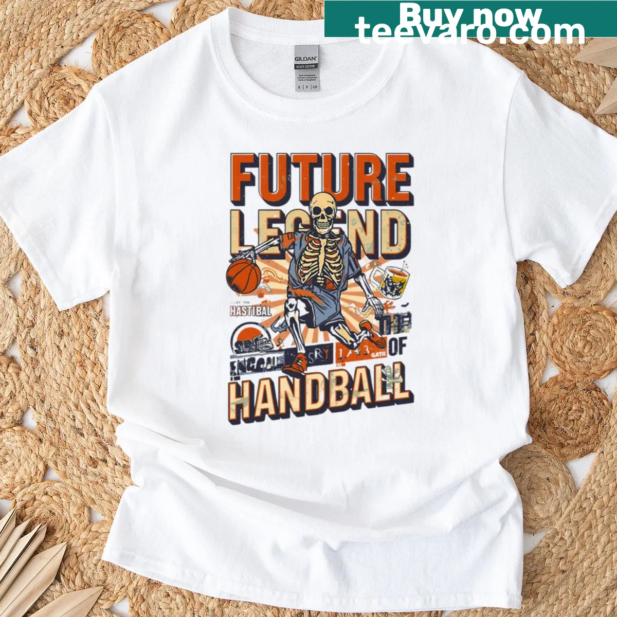 Illustrated skeleton design representing a future handball legend — on a men's t-shirt