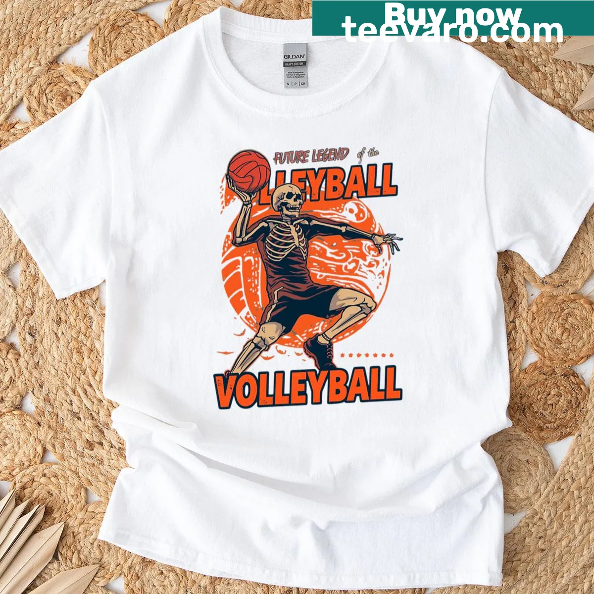 Skeleton volleyball player graphic T-shirt — on a men's t-shirt