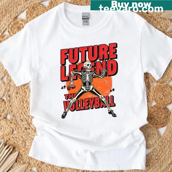 Skeleton volleyball player graphic on a t-shirt