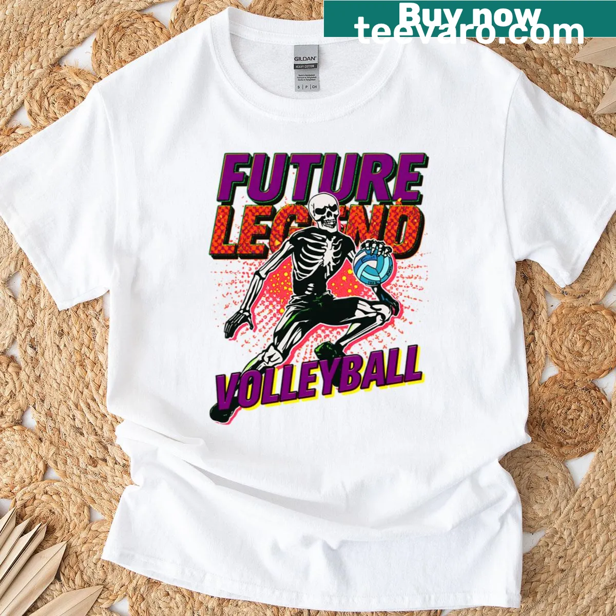 Cartoon skeleton volleyball player graphic T-shirt — on a men's t-shirt