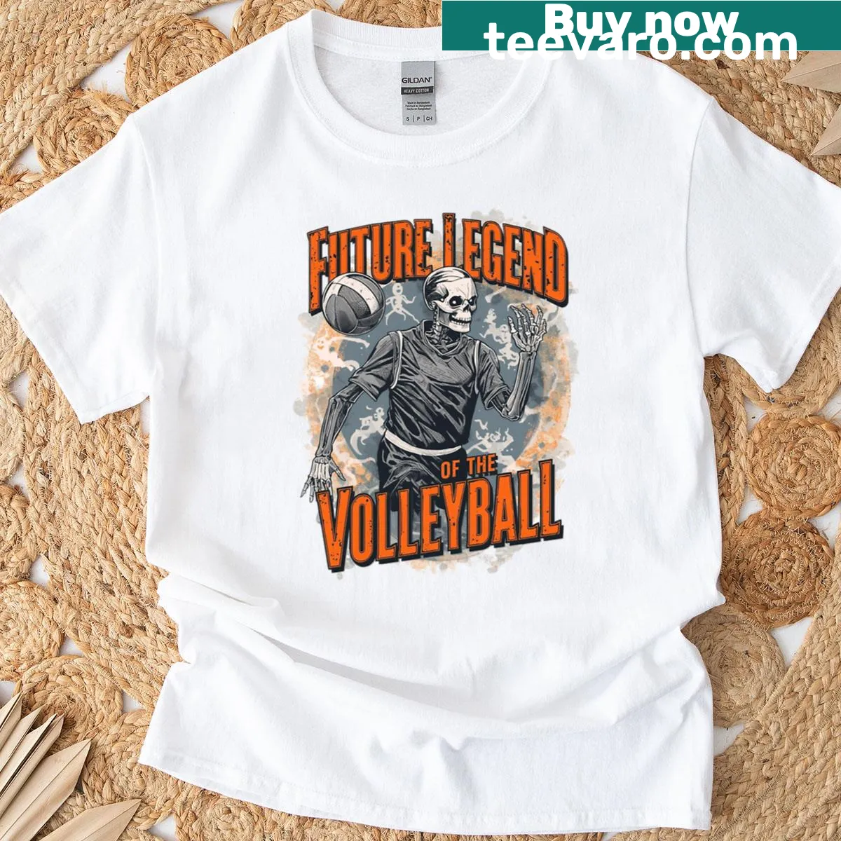 Skeleton volleyball player graphic on a humorous T-shirt — on a men's t-shirt