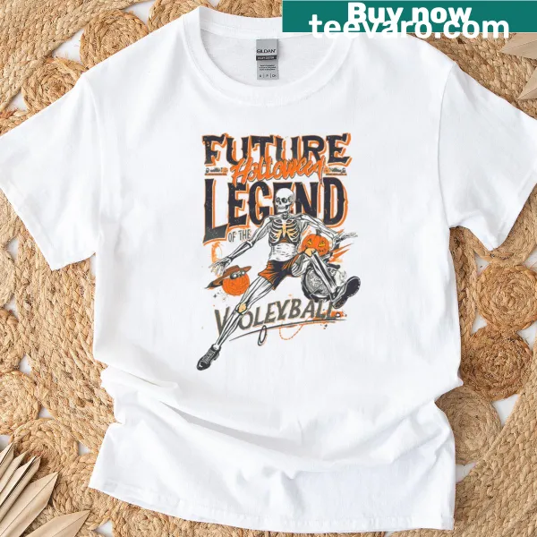 Cartoon skeleton volleyball player graphic on oversized T-shirt
