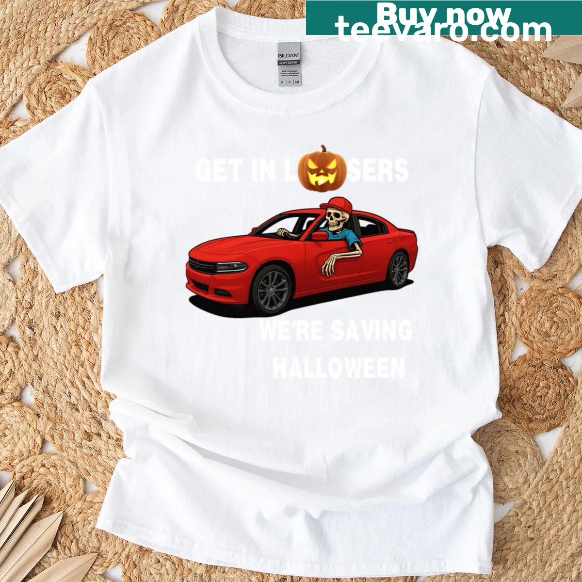 T-shirt with text: Get In Losers, We're Saving Halloween — on a men's t-shirt