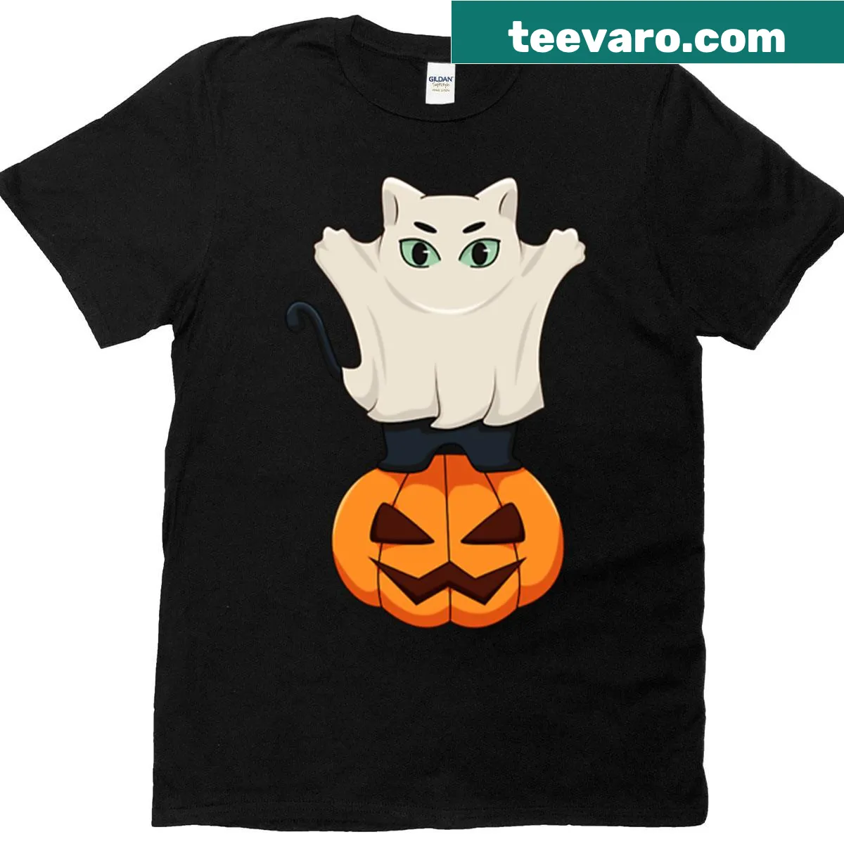 Cute ghost cat on a pumpkin illustration for Halloween — on a men's t-shirt