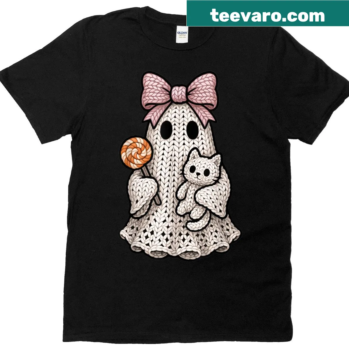 Halloween-themed shirt with ghost, knitting needles, and yarn design — on a men's t-shirt