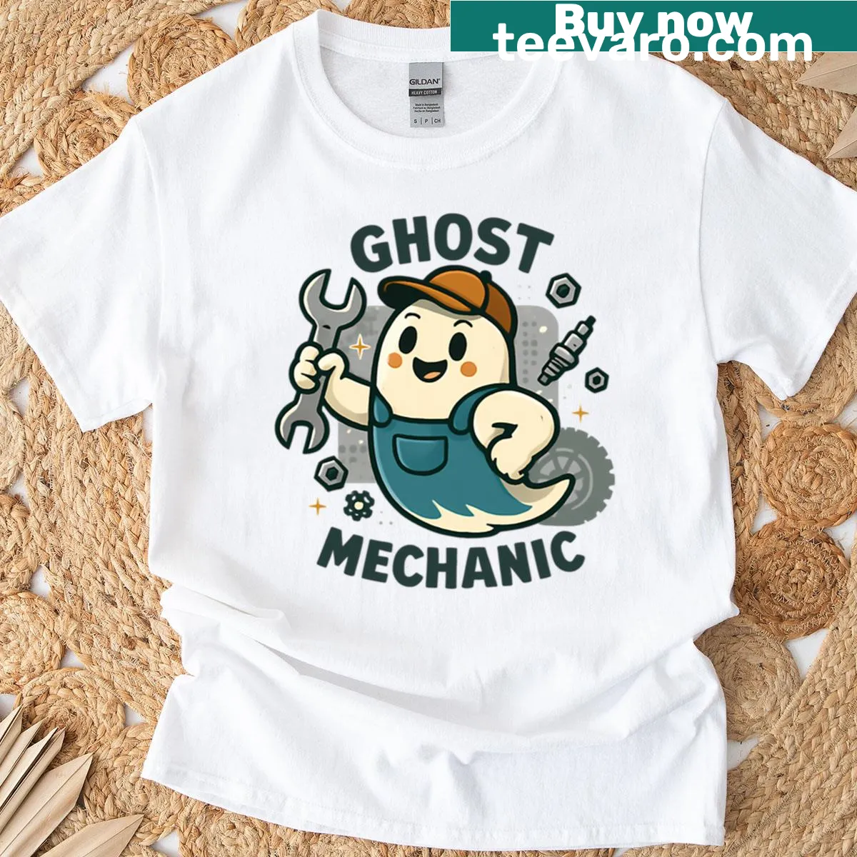 Funny Halloween T-shirt with a ghost mechanic graphic — on a men's t-shirt