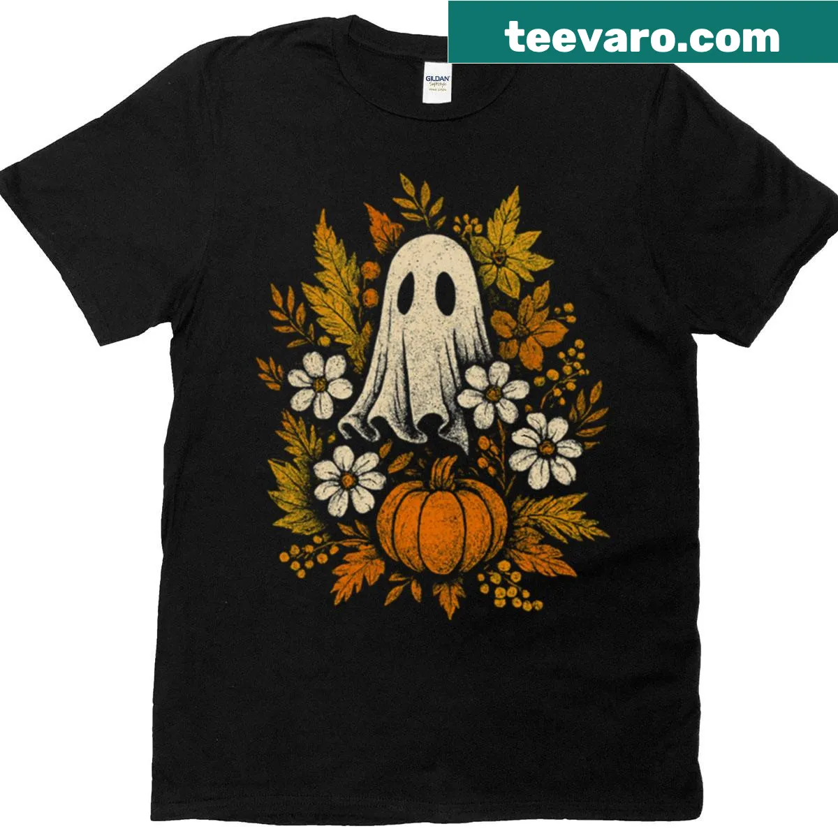 Halloween T-shirt with a ghost, pumpkins, flowers, and autumn leaves — on a men's t-shirt