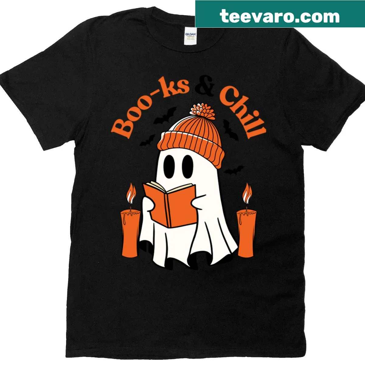 Cartoon ghost reading books with Boo-ks And Chill text — on a men's t-shirt
