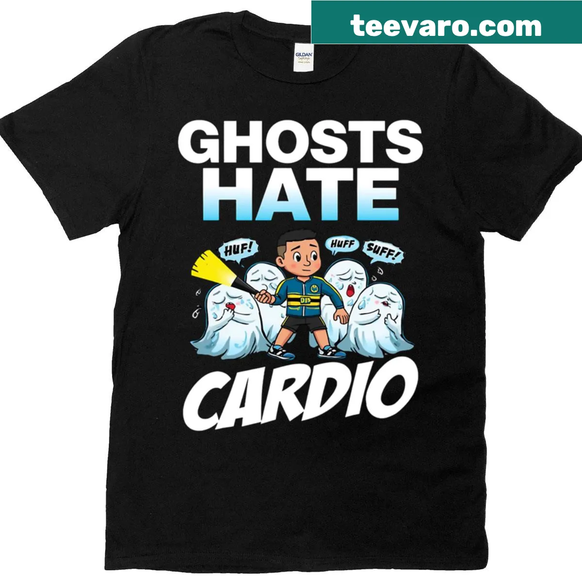 Funny Halloween t-shirt with a lazy ghost graphic — on a men's t-shirt