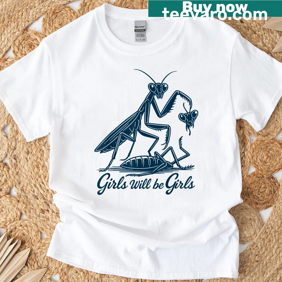 Cute praying mantis illustration on a T-shirt — on a men's t-shirt