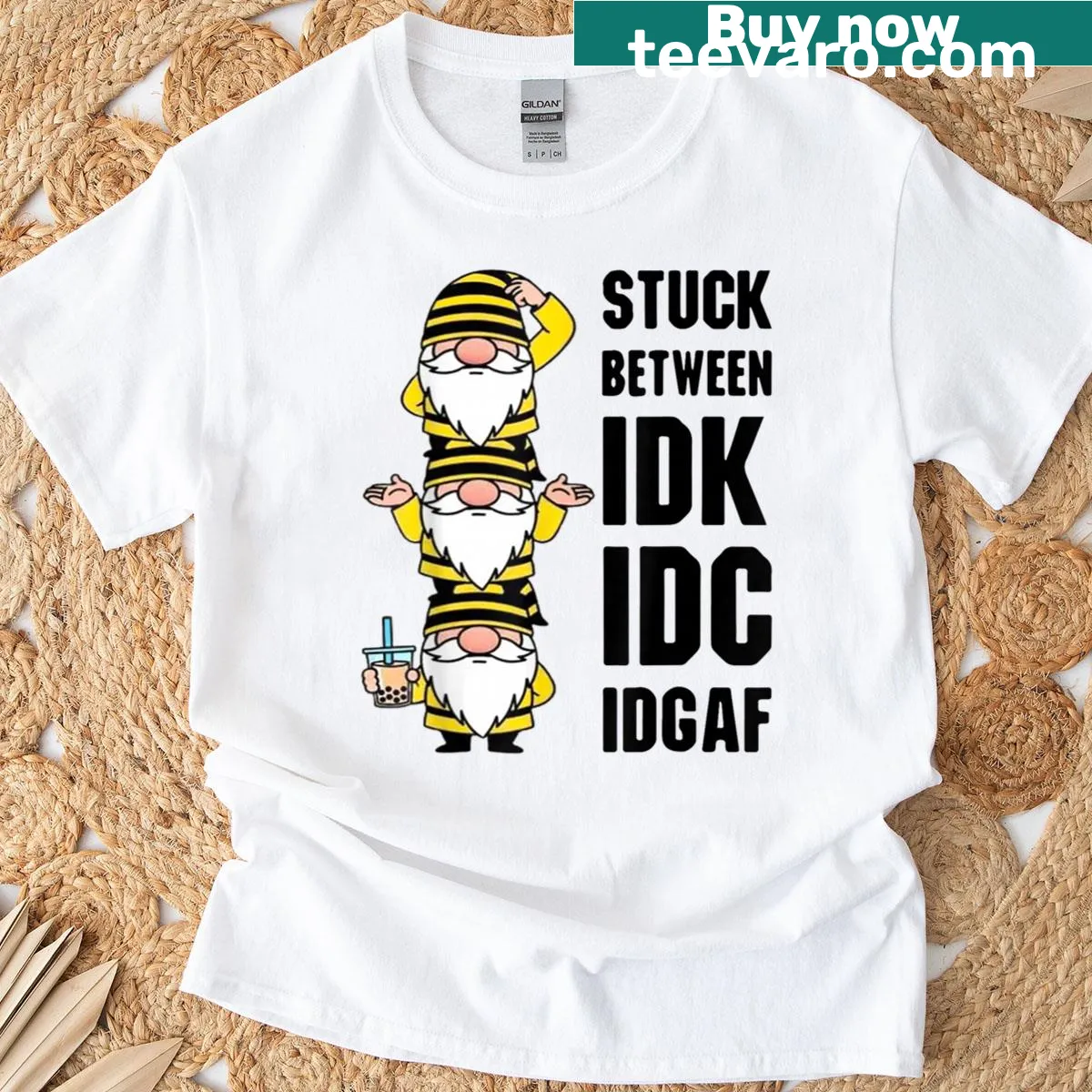 Funny typography design featuring a gnome and witty sayings — on a men's t-shirt
