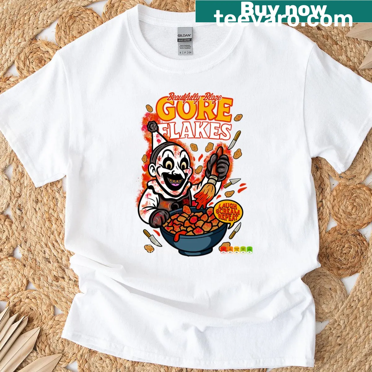 Bold graphic t-shirt featuring Gore Flakes Art The Clown — on a men's t-shirt