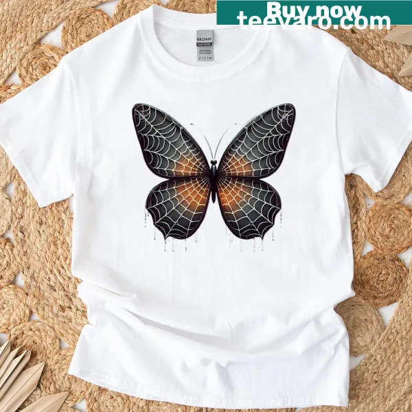 Gothic Halloween T-shirt featuring a butterfly with spiderweb wings