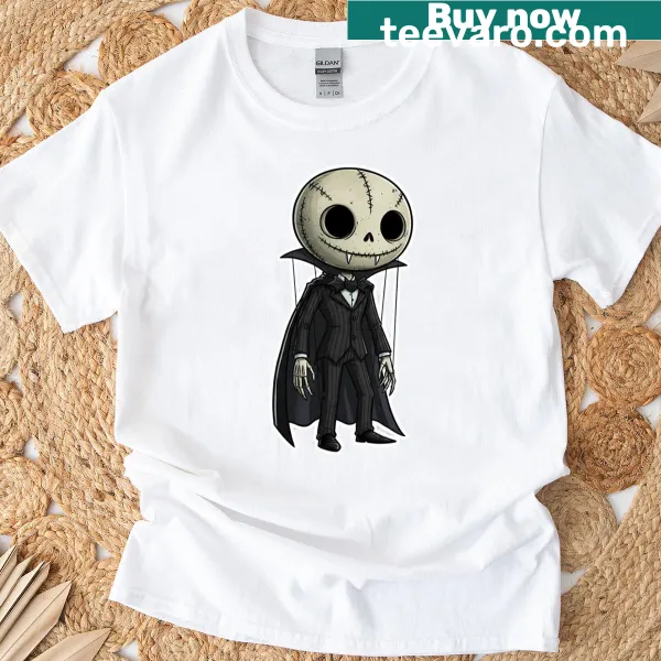 Cartoon T-shirt featuring a gothic skeleton gentleman in whimsical style