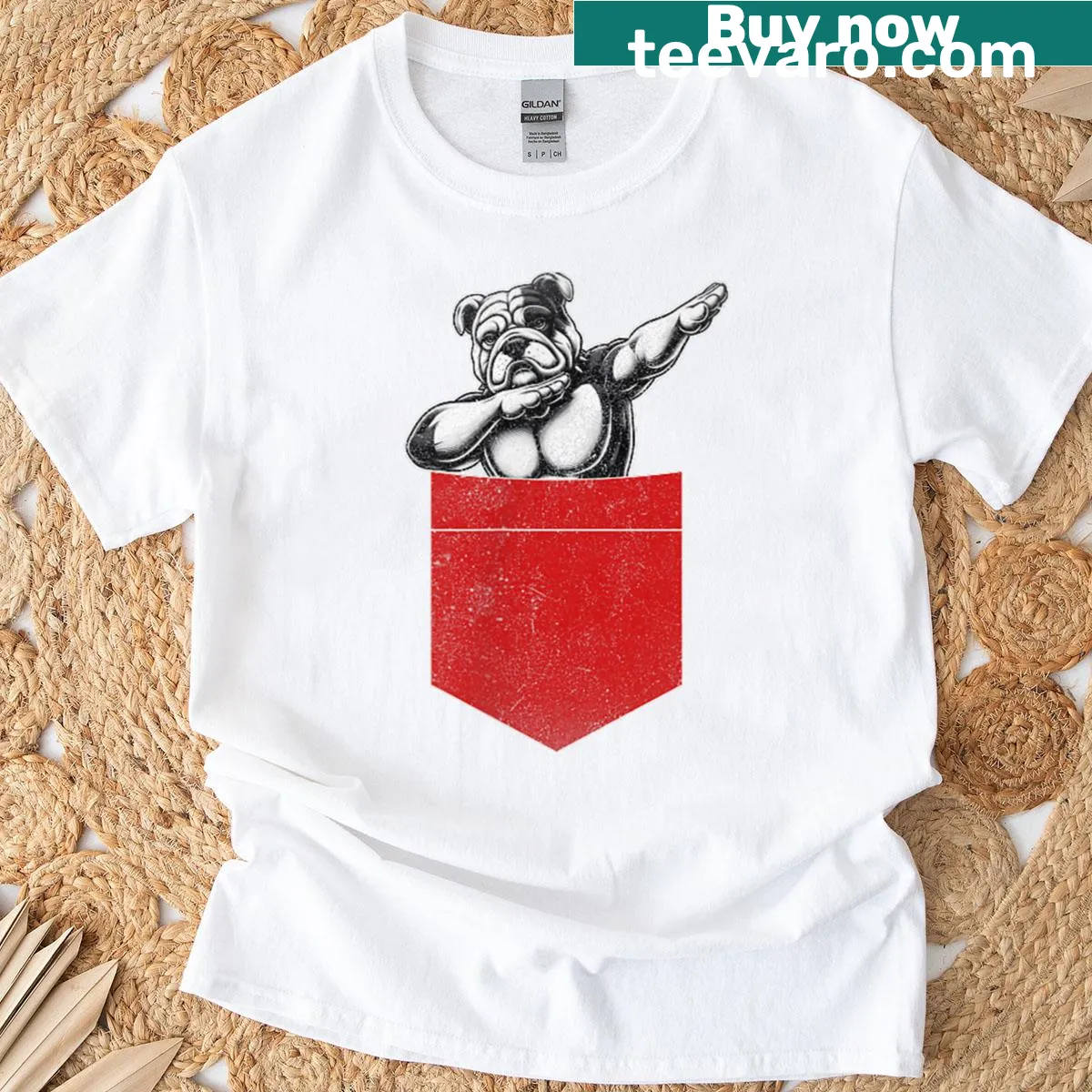 Bulldog graphic in pocket design T-shirt — on a men's t-shirt