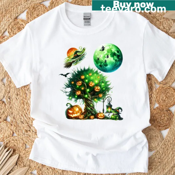 Halloween shirt with glowing pumpkins and a green moon illustration
