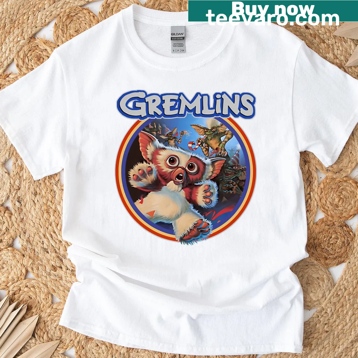 Vintage-style shirt featuring Gremlins from the 1984 film — on a men's t-shirt