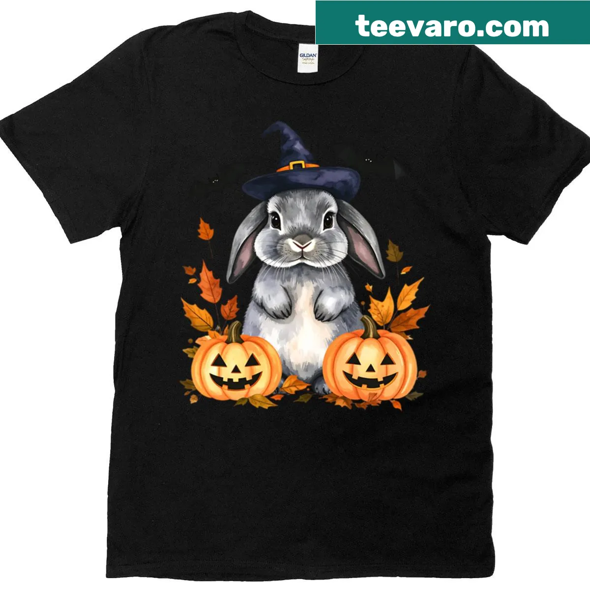 Oversized shirt with a Halloween bunny, witch hat, pumpkins, and bats — on a men's t-shirt