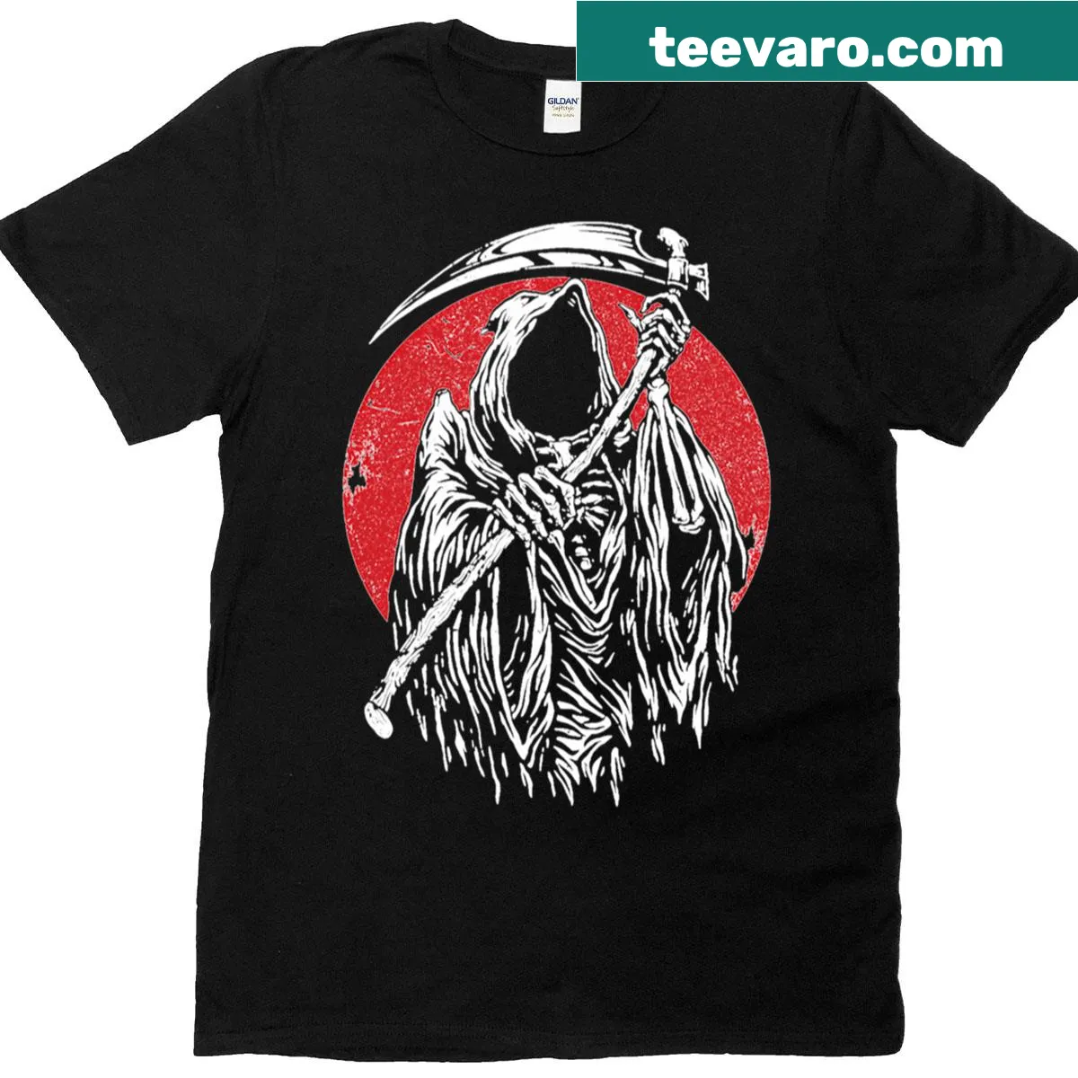 Illustration of the Grim Reaper on a dark T-shirt — on a men's t-shirt