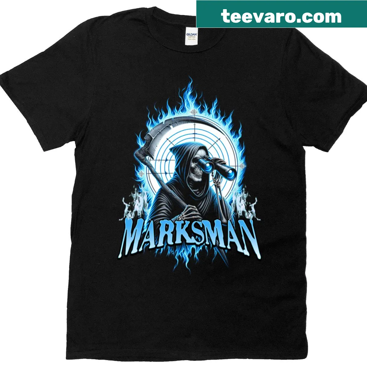 Gothic t-shirt with illustration of a Grim Reaper skeleton — on a men's t-shirt
