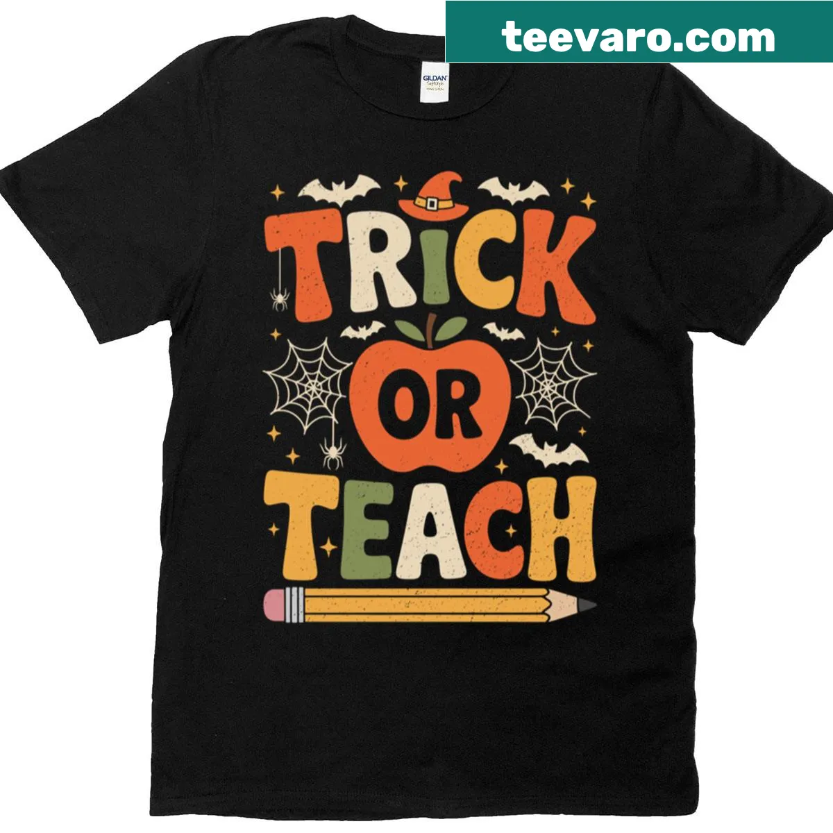 Illustrative Halloween shirt for teachers with groovy text and graphics — on a men's t-shirt