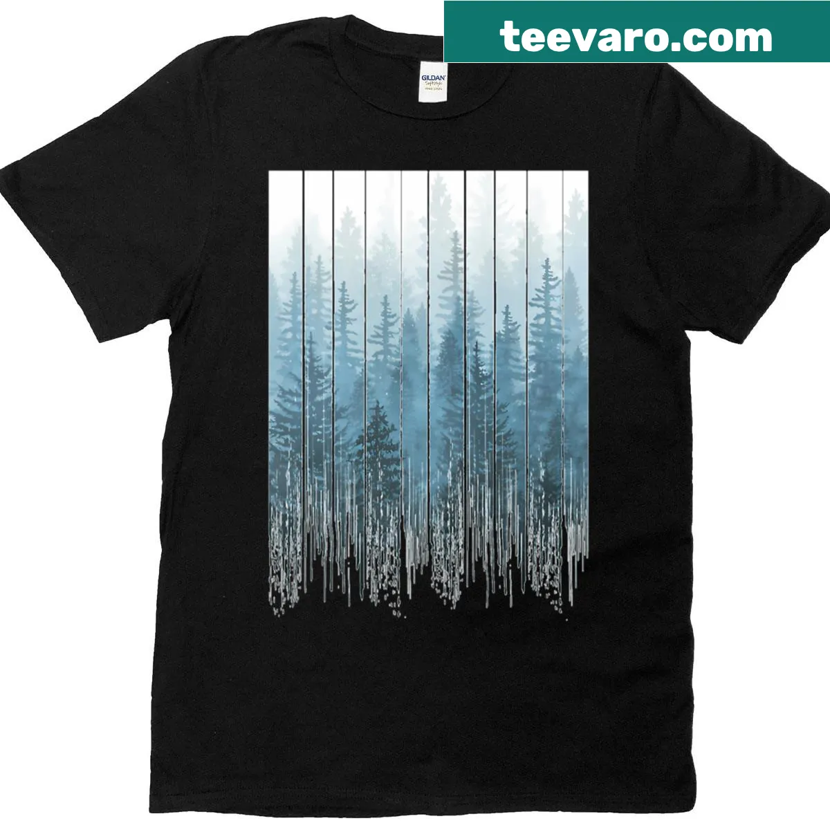 Edgy t-shirt featuring a dripping turquoise design and misty forest — on a men's t-shirt