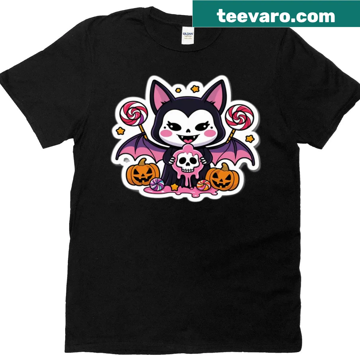 Playful Halloween bat design for trick-or-treating on a t-shirt. — on a men's t-shirt