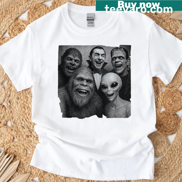 Horror characters taking a selfie on Halloween shirt