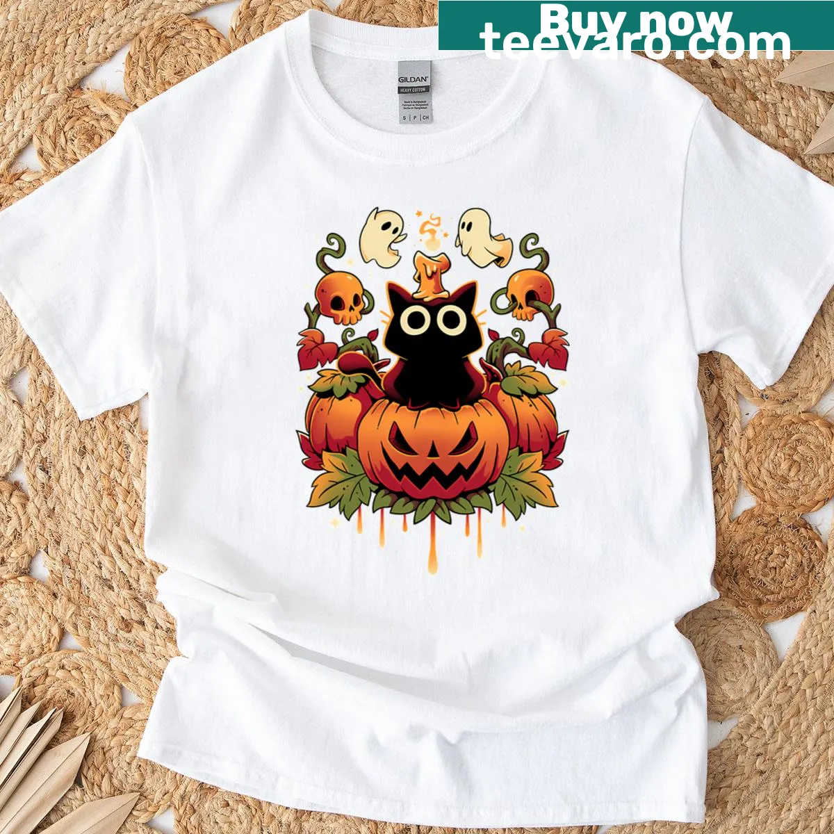 Whimsical Halloween design featuring a cat with candles and autumn leaves — on a men's t-shirt