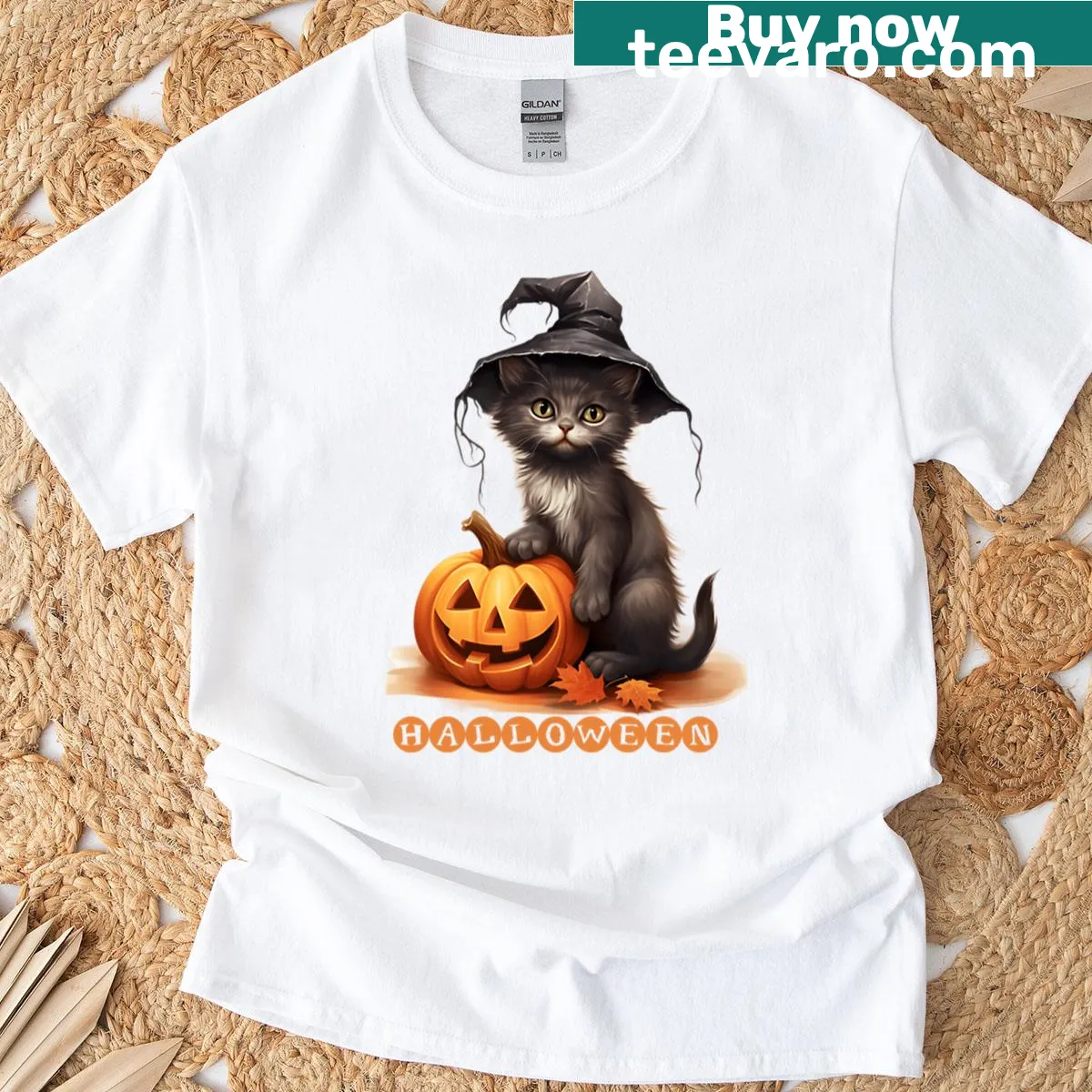 Black cat with witch hat and pumpkin Halloween T-shirt — on a men's t-shirt
