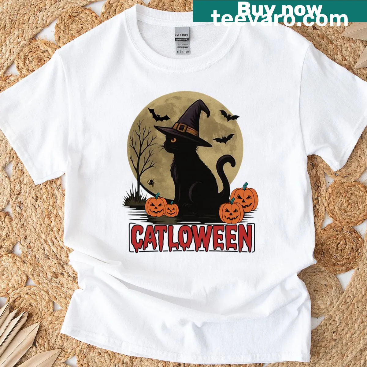 Oversized T-shirt with a ghost cat graphic for Halloween — on a men's t-shirt