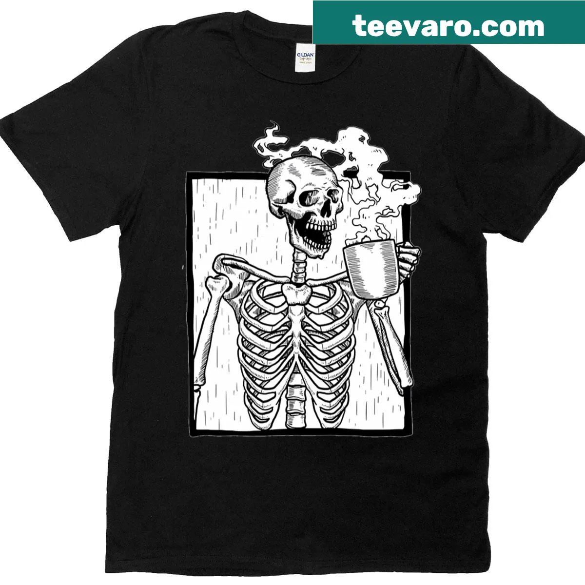 Skeleton drinking coffee in a Halloween-themed t-shirt design — on a men's t-shirt